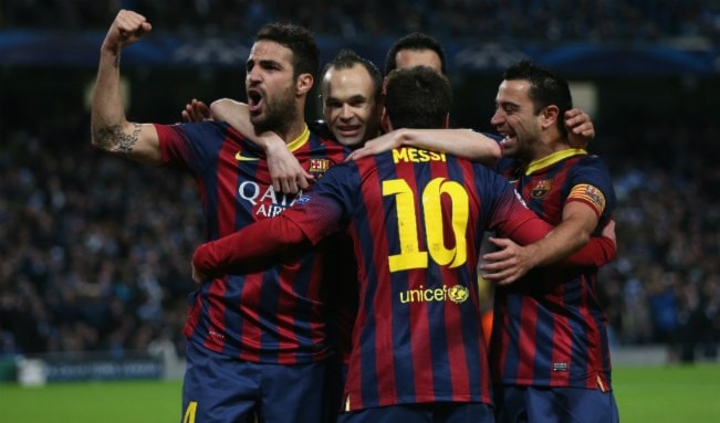 فرحة لاعبي برشلونة بهدف ميسي فرحة لاعبي برشلونة بهدف ميسي