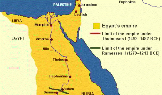 توضح الخريطة أعلاه شكل الدولة المصرية القديمة بحيث يبرز الخط الأحمر حدود مصر في عهد الملك المصري تحتمس والخط الاخضر في عهد رمسيس الثاني (لمشاهدة الخارطة بشكل أوضح أنقر الرابط على اليمين). توضح الخريطة أعلاه شكل الدولة المصرية القديمة بحيث يبرز الخط الأحمر حدود مصر في عهد الملك المصري تحتمس والخط الاخضر في عهد رمسيس الثاني (لمشاهدة الخارطة بشكل أوضح أنقر الرابط على اليمين).