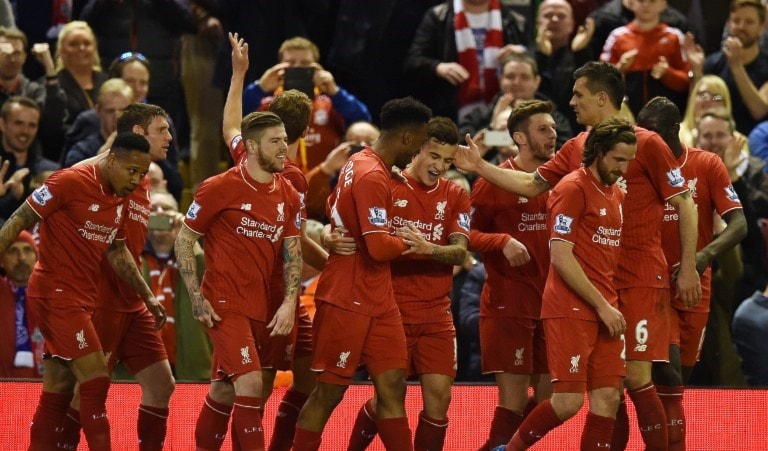 فرحة لاعبي ليفربول بأحد الأهداف الأربعة (أ ف ب) فرحة لاعبي ليفربول بأحد الأهداف الأربعة (أ ف ب)