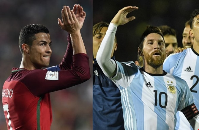 فرحة لرونالدو في لشبونة ومثلها بعد ساعات قليلة لميسي في كيتو (أ ف ب) فرحة لرونالدو في لشبونة ومثلها بعد ساعات قليلة لميسي في كيتو (أ ف ب)