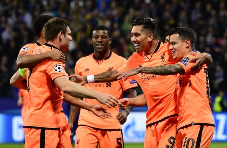 لاعبو ليفربول يحتفلون بأحد الأهداف السبعة (أ ف ب) لاعبو ليفربول يحتفلون بأحد الأهداف السبعة (أ ف ب)