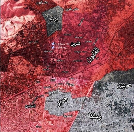 خارطة توضح مناطق سيرطة الجيش السوري شرق العاصمة دمشق خارطة توضح مناطق سيرطة الجيش السوري شرق العاصمة دمشق