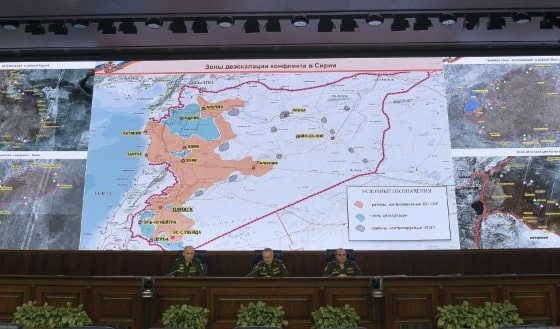 الخارطة التي نشرتها وزارة الدفاع الروسية لمناطق تخفيف التصعيد في سوريا (أ ف ب) الخارطة التي نشرتها وزارة الدفاع الروسية لمناطق تخفيف التصعيد في سوريا (أ ف ب)