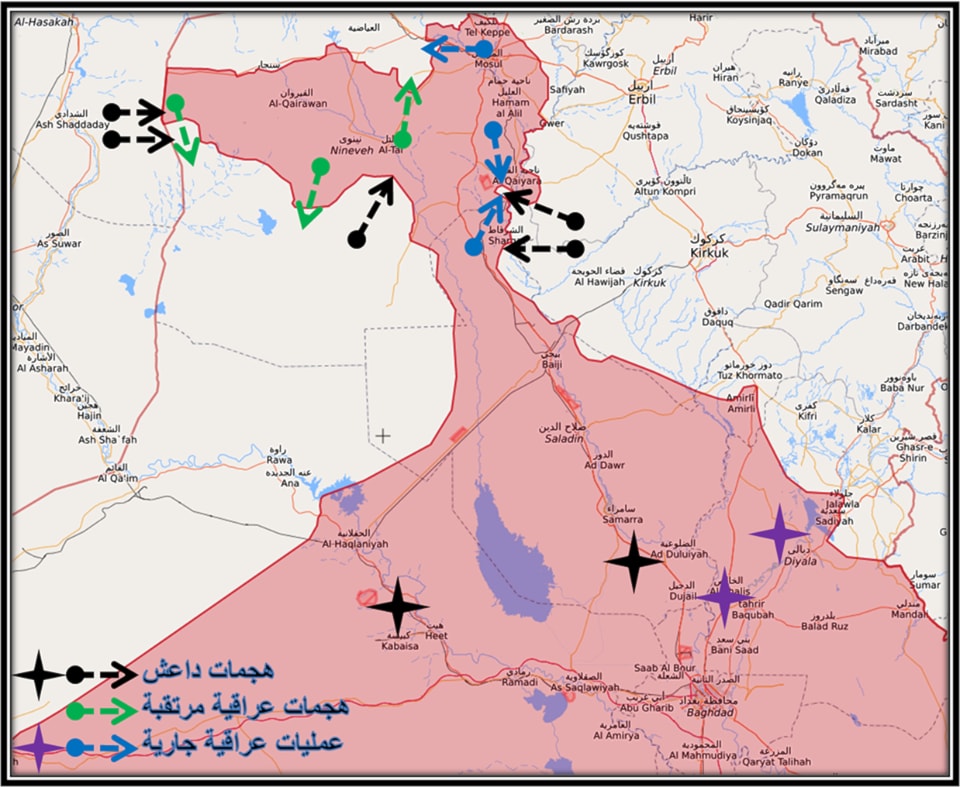 خارطة تظهر مناطق سيطرة القوات العراقية (بالأحمر) ومناطق سيطرة داعش بالقرب من الحدود السورية خارطة تظهر مناطق سيطرة القوات العراقية (بالأحمر) ومناطق سيطرة داعش بالقرب من الحدود السورية