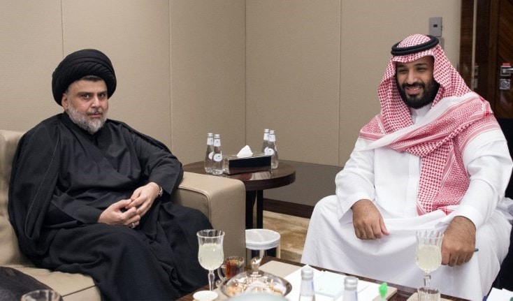 خلال لقاء ولي العهد السعودي بزعيم التيار الصدري السيد مقتدى الصدر في الرياض (أ ف ب) خلال لقاء ولي العهد السعودي بزعيم التيار الصدري السيد مقتدى الصدر في الرياض (أ ف ب)