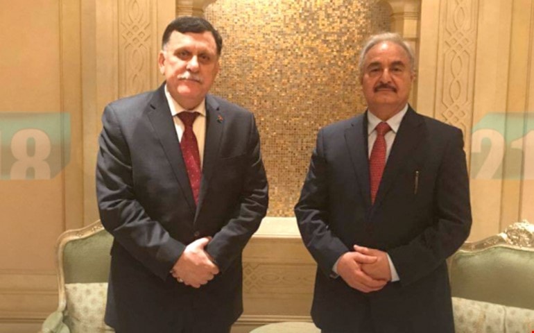 صورة تجمع خليفة حفتر مع فايز السراج صورة تجمع خليفة حفتر مع فايز السراج