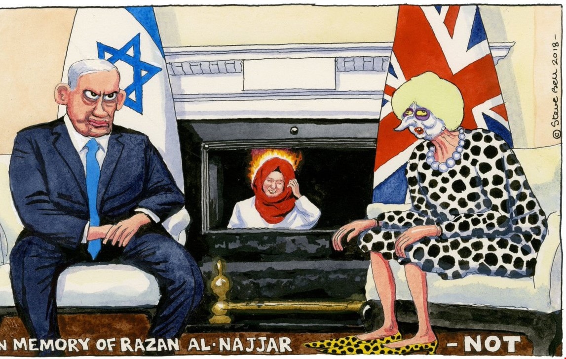 الرسم الكاريكاتوري للرسام ستيفي بِل الذي منعت "الغارديان" نشره. الرسم الكاريكاتوري للرسام ستيفي بِل الذي منعت "الغارديان" نشره.