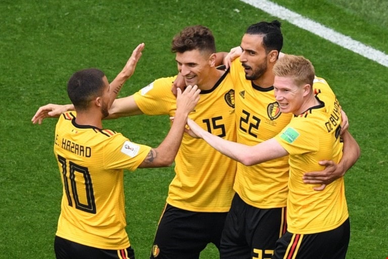 فرحة لاعبي بلجيكا بهدف مونييه (أ ف ب) فرحة لاعبي بلجيكا بهدف مونييه (أ ف ب)