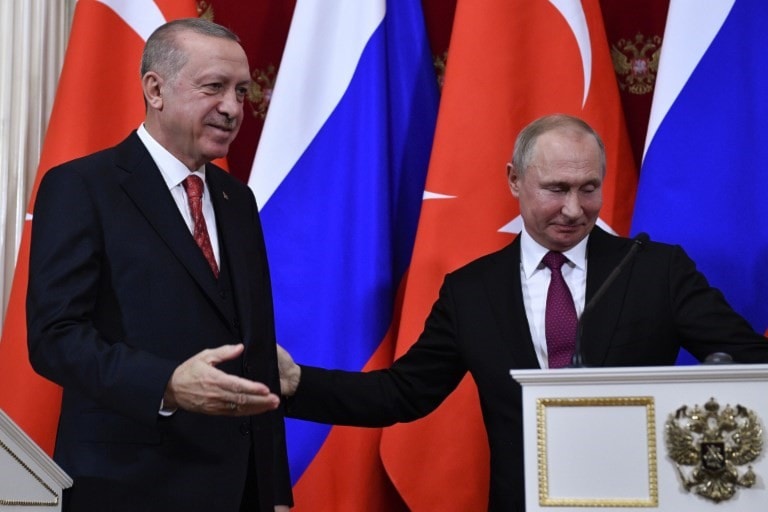 من لقاء بوتين وإردوغان في الكرملين (أ ف ب) من لقاء بوتين وإردوغان في الكرملين (أ ف ب)