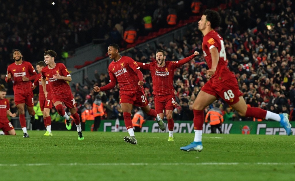 فرحة لاعبي ليفربول بالتأهّل (أ ف ب) فرحة لاعبي ليفربول بالتأهّل (أ ف ب)