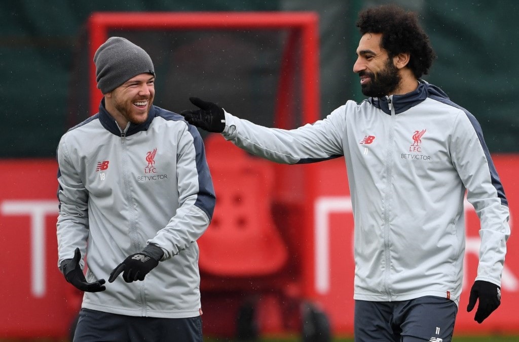 صلاح ومورينو في تدريبات ليفربول (أ ف ب) صلاح ومورينو في تدريبات ليفربول (أ ف ب)