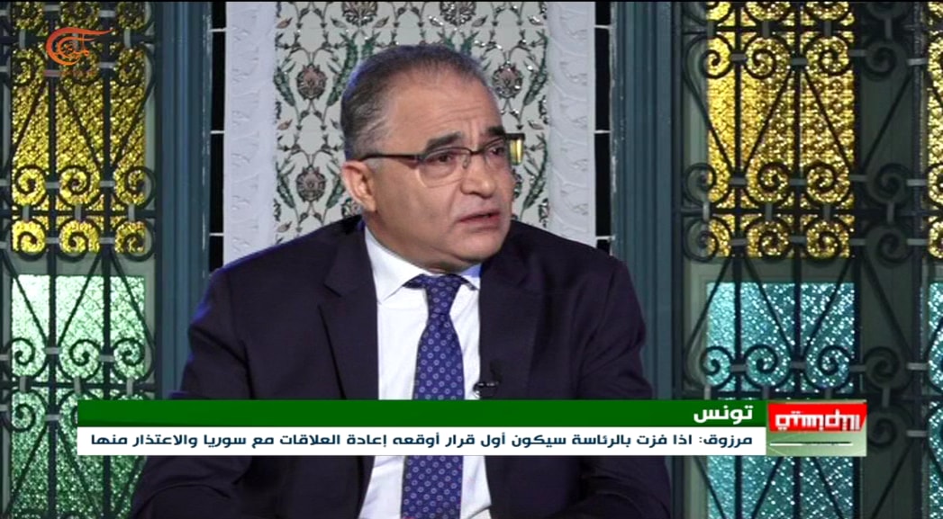 مرشح حركة مشروع تونس للانتخابات الرئاسية محسن مرزوق خلال مقابلة مع الميادين مرشح حركة مشروع تونس للانتخابات الرئاسية محسن مرزوق خلال مقابلة مع الميادين