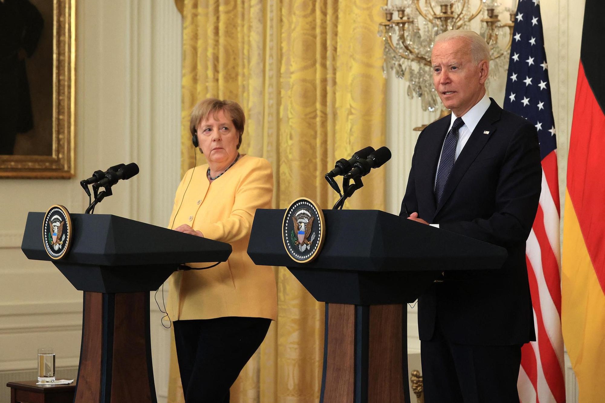 United States President Joe Biden and German Chancellor Angela Merkel during a press conference at the White House