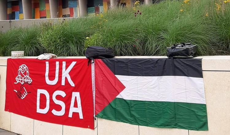 Demonstrators in the United Kingdom demand an end to military support for the Israeli occupation.