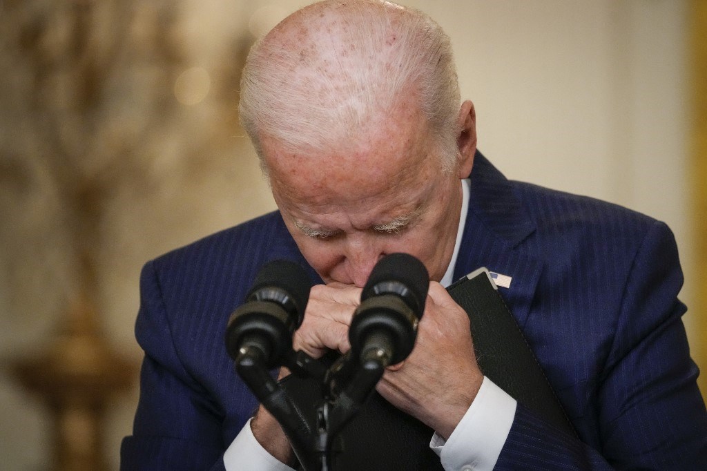 Biden in a press conference following Kabul attacks, August 16, 2021 (AFP)