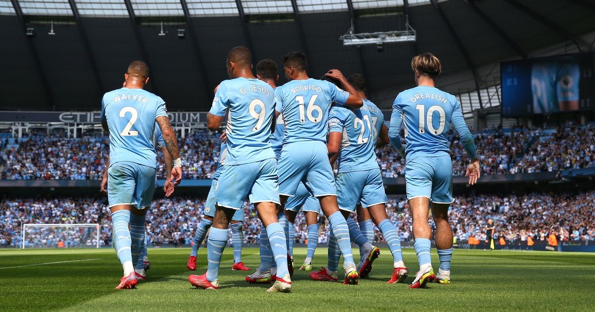 City's players celebrate Ferran Torres' goal against Arsenal