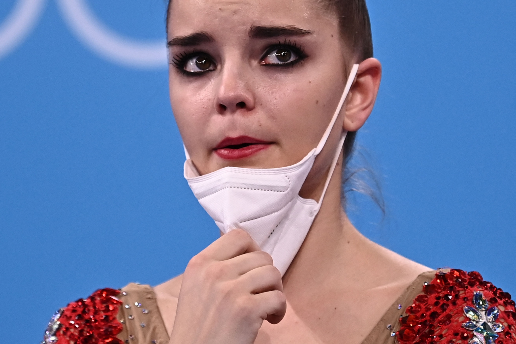 Russian champion Dina Averina looks in disbelief at the score results